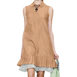 Summer Women Shirt Dress  Elegant OL Work Sundress Casual Sleeveless Solid Lapel Neck Female Pleated Robe MartLion Khaki 5XL 