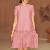 Women Summer Robe Casual Loose Solid Midi Dress  Round Neck MartLion Pink S 