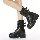 Women's Black Side Zipper Platform Boots Round Toe Lace Up Buckle Shoes MartLion   