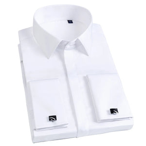 Men's French Cuff Dress Shirt Slim Fit Covered Button Cotton Male Party Wedding Tuxedo Shirts  with Cufflinks MartLion   