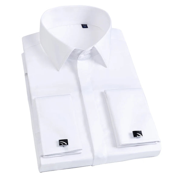 Men's French Cuff Dress Shirt Slim Fit Covered Button Cotton Male Party Wedding Tuxedo Shirts  with Cufflinks MartLion   