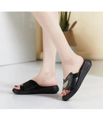 4cm Synthetic Rhinestone Bling Genuine Leather Breathable Summer Chunky Slippers High Platform Wedge Casual Shoes MartLion   