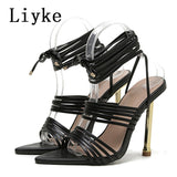  Liyke Red Blue Thin High Heels Sandals Women Summer Pointed Toe Snake Print Lace Up Shoes Female Pumps Mart Lion - Mart Lion