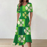 Women's Clothing Unique St Patrick's Day Print Mid-Calf Dresses Round Neck Short Sleeves Frocks MartLion Army Green S CHINA
