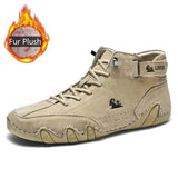 Leather Boots Men's High Top Shoes Sneakers Luxury Shoes Motorcycle Footwear Casual MartLion Khaki Plush 37 