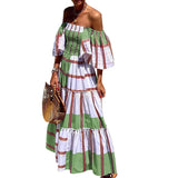 Spring Summer Ladies Elegant Dress Slash Neck Stripe Print Butterfly Sleeve Big Swing A-line Women Stretch Maxi Dresses MartLion Green XL 