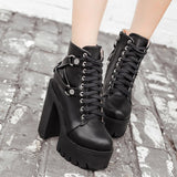 Black Boots Women Heel Spring Autumn Lace-up Soft Leather Platform Shoes Party Ankle High Heels Punk Mart Lion   