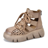 Cow Leather Round Toe Hollowed Out Sandals Women Summer Retro Roman Shoes Designer Platform Boots Ladies Mart Lion Dark Gray 35 