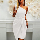 Diagonal Shoulder Dress Female Clothing Solid Sleeveless Frock Irregular Hem Tight Dress Office Lady Party Formal Attire MartLion White XXL 