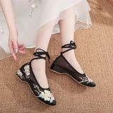 Satin Fabric Embroidered Women Ankle Strap Ballet Flats Vegan Elegant Ladies Walking Shoes Black White Gray MartLion   