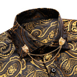 Hi-Tie Silk Men's Shirts Black Gold Long Sleeve Slim Fit Paisley Lapel Brooch Shirt Wedding Party Gift Designer MartLion   