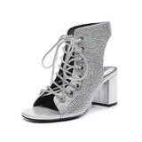 Summer Women's Sandals Hollow out Rhinestone Lace up High Heels Luxury Party Wedding Shoes Dress MartLion Silver 35 CHINA