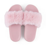 Summer indoor shoes ladies flat solid color open toe flip flops fake fur fox fur slippers MartLion   