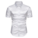 Summer White Silk Satin Shirts Men's Short Sleeve Slim Fit Party Wedding Tuxedo Shirt Casual Button Down MartLion C07 white US size S 