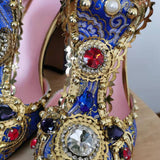 Women Embroidery Flower Jewelled Diamond High Heels Pumps Bridal Crystal Metal Wedding Shoes Spring Summer Rhinestone Mart Lion   
