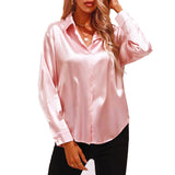 Women Shirts Silk Solid Plain Purple Green White Black Red Blue Pink Yellow Gold Blouses Long Sleeve Tops Barry Wang MartLion 543 S 