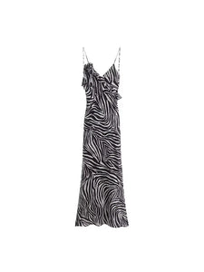 Woman Dress Sleeveless V Neck Print Flowers Flounced Decoration Slim Long Dresses Female MartLion Zebra print M 