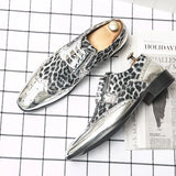 Classy Gold Leopard Derby Leather Men's Shoes Luxury  Brogue Lace-up Pointed Wedding Party Stage Casual MartLion   