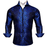 Luxury Blue Shirts Men's Solid Satin Embroidered Paisley Flower Long Sleeve Slim Fit Blouses Casual Lapel Tops Barry Wang MartLion   