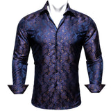 Luxury Blue Shirts Men's Solid Satin Embroidered Paisley Flower Long Sleeve Slim Fit Blouses Casual Lapel Tops Barry Wang MartLion   