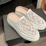Krazing Pot Air Mesh Round Toe Thick Bottom Platform Slip on Mules Embroidery Soft Outside Slippers L50 MartLion   