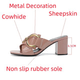 Women's Slippers High Heel Casual Shoes Open Toe Summer Genuine Leather Square Head Thick Heels MartLion   