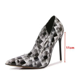 Geometry Plaid Printed Patent leather Women Pumps Elegant Pointed toe Stiletto High Heels Spring Autumn Office Lady Shoe MartLion Black plaid 44 