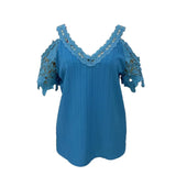 Shoulder Lace Short Sleeve Shirt Women V Neck Pullover Blouse MartLion   