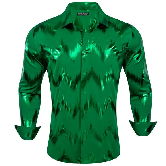 Luxury Social Shirts Men's Green Shine Solid Striped Long Sleeve Slim Fit Blouses Casual Tops Turn Down Collar Barry Wang MartLion 0522 S 