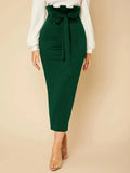 Casual Grace -waisted Paper Bag Waist Wrap Hip Belt Knit  Bow Solid Green Color Simple Hip  Skirt For Women MartLion   