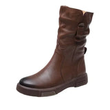 Ankle Boots Cow Leather Motorcycle Platform Wedge Winter Plush Knee High Women Shoes