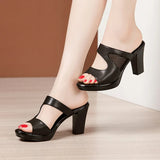 8cm Cutout Mesh Block High Heels Slides Summer Shoes Soft Leather Slippers Platform for Office Work Mom MartLion   