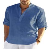 Men's V-neck t shirt Blouse Cotton Linen Shirt Loose Tops Long Sleeve Shirt Spring Autumn Casual Handsome Mart Lion Dark blue S China