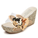 Platform Slippers Wedge Slides Women Summer Shoes Beach Sandals With Heels Pearl Flower MartLion Gold 40 