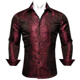 Barry Wang Luxury Red Paisley Silk Shirts Men's Long Sleeve Casual Flower Shirts Designer Fit Dress MartLion 0605 S 