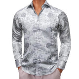 Designer Shirts Men's Silk Long Sleeve Light Purple Silver Paisley Slim Fit Blouses Casual Tops Breathable Barry Wang MartLion 0427 S 