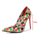 Geometry Plaid Printed Patent leather Women Pumps Elegant Pointed toe Stiletto High Heels Spring Autumn Office Lady Shoe MartLion Colorful plaid 44 