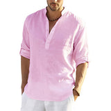 Men's V-neck t  Blouse Cotton Linen Shirt Loose Tops Long Sleeve Tee Shirt Spring Autumn Casual Handsome Mart Lion Pink S China|No