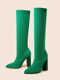 Green Women Cozy Knitting Stretch Fabric Knee High Boots Square Heels Autumn Winter Sock Long Shoes MartLion   