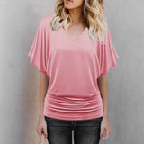 Elegant Women Blouse Casual T-shirt Summer Simple Solid Short Sleeve V-neck Office Lady Shirt Top Loose T-shirt MartLion Pink S United States
