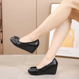 Genuine Leather 7cm High Heels Women Wedge Shoes Elegant Ladies Wedges Heeled Black Beige Soft MartLion   