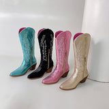 Women Boots Low Heel Shoes Cool British Embroidered Design Soft Short Party Knee High Pink Cowboy Mart Lion   