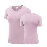 Fitness Women's Shirts Quick Drying T Shirt Elastic Yoga Sport Tights Gym Running Tops Short Sleeve Tees Blouses Jersey camisole MartLion V neck-light pink XXL 