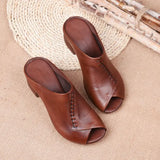 Thick-heeled Soft Leather Outer Slippers Fish Mouth Versatile Mid-heeled Sandals Women's Mother's Shoes MartLion   