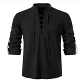 Men's V-neck shirt T-shirt Vintage Thin Long Sleeve Top Casual Breathable Viking Front Lace Up Mart Lion   