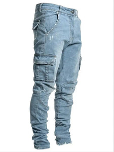 Jeans Men Pants Wash Solid Color Multi Pockets Denim Mid Waist Cargo Jeans MartLion Blue XXL Waist 92cm 