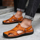 Men's Leather Slippers Summer Slip-on Outdoor Casual Shoes Wrap Toe Non-slip Beach Cozy Breathable Sandals Mart Lion Light Brown 38 