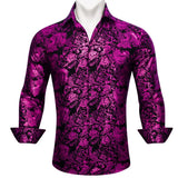 Silk Shirts Men's Red Burgundy Paisley Flower Long Sleeve Slim Fit Blouse Casual Lapel Clothes Tops Streetwear Barry Wang MartLion   