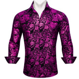 Silk Shirts Men's Red Burgundy Paisley Flower Long Sleeve Slim Fit Blouse Casual Lapel Clothes Tops Streetwear Barry Wang MartLion 0585 S 