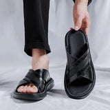 Slippers for Men's Summer Designer Beach Shoes Solid Color Genuine Leather Flip Flops MartLion   